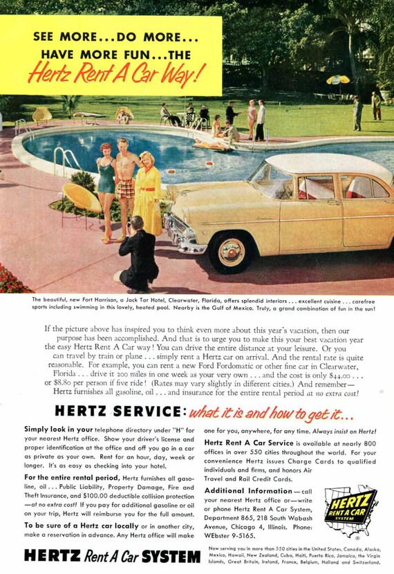 Items similar to Jack Tar Hotel Clearwater Florida 1950s Hertz Vintage Ad Rental Car, Beach