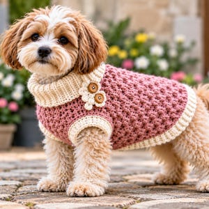 May include: A small dog with brown and white fur wearing a dusty rose crochet jumper. The jumper features a cream-coloured ribbed turtleneck collar, matching ribbed trim at the armholes and hem, and two brown wooden buttons on the chest.