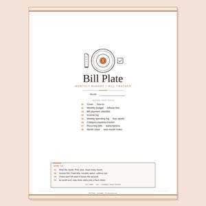 May include: A white Bill Plate monthly budget and bill tracker document with a central target icon containing a copper coin. The page lists sections including cover, monthly budget, bill payment checklist, income log, and expense trackers.
