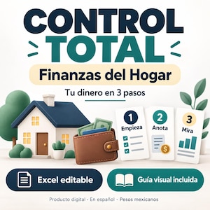 Könnte beinhalten: Eine digitale Finanzplaner-Grafik mit dem Titel CONTROL TOTAL Finanzas del Hogar. Sie zeigt ein 3D-Haus, eine braune Geldbörse mit Bargeld und drei Karten mit der Beschriftung 1 Empieza, 2 Anota und 3 Mira. Enthält Schaltflächen für Excel editable und Guía visual incluida.