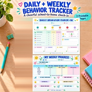 May include: A daily and weekly behavior tracker printable set featuring two pages with colorful icons, checkboxes, and text fields for student information, daily habits, school day ratings, weekly goals, and progress notes.