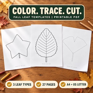 May include: Three white sheets of paper featuring black line drawings of fall leaves, including a solid outline, a veined leaf, and a dotted tracing pattern. The top text reads COLOR. TRACE. CUT. FALL LEAF TEMPLATES | PRINTABLE PDF.