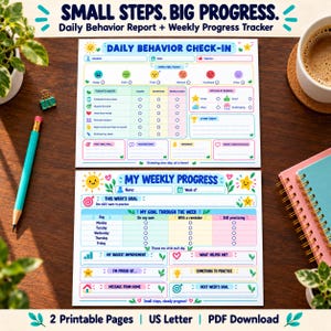 Op de afbeelding: Twee printbare gedragstracking-bladen met de titel Small Steps. Big Progress. Het bovenste blad is een Daily Behavior Check-In met gewoonte-checklists en stemmingsiconen. Het onderste blad is een My Weekly Progress-tracker met doelstellingssecties en dagelijkse kolommen. Beide pagina's bevatten kleurrijke iconen, sterren en zonnen.