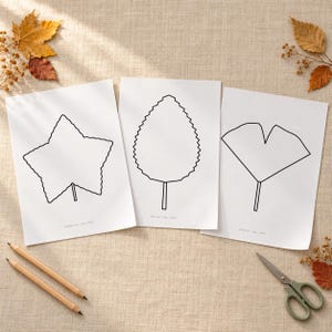 May include: Three white sheets of paper each featuring a single black outline of a leaf shape. The leaves include a star-like shape, a serrated oval shape, and a fan-shaped ginkgo leaf. Each sheet has small printed text at the bottom.