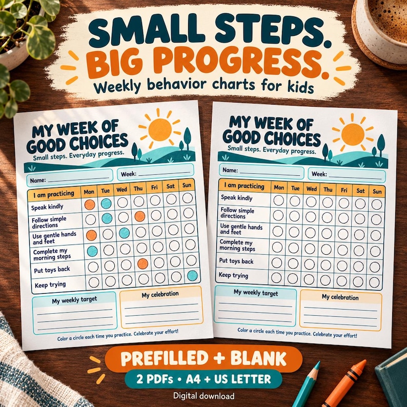Kids Behavior Chart Printable Weekly Reward Tracker Prefilled and Blank ...