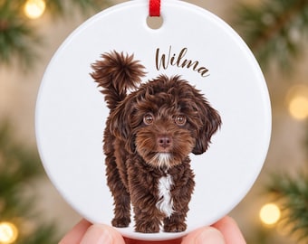 Könnte beinhalten: Ein rundes, weißes Keramikornament mit einer detaillierten Illustration eines flauschigen braunen Welpen mit weißem Brustfleck. Der Name Wilma ist in brauner Schreibschrift über dem Hund aufgedruckt. Ein rotes Band dient zur Aufhängung.