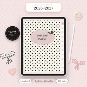 May include: A digital planner for 2026-2027 displayed on a tablet screen with a black polka dot pattern on a cream background. The cover features a pink scalloped label with a butterfly graphic. Includes a stylus, a bonus sticker, and bow icons.