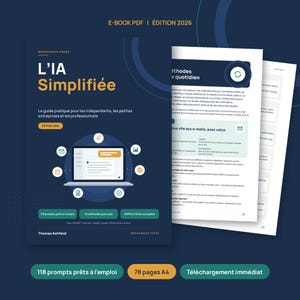 May include: A dark blue e-book PDF titled L'IA Simplifiée, Edition 2026, by Thomas Ashfield. The cover features a laptop icon surrounded by small circular icons, with text detailing 118 prompts, 10 methods, and GDPR compliance. Interior pages show instructional text in French.
