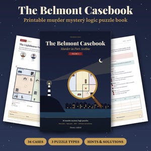 Op de afbeelding: The Belmont Casebook is een printbaar moordmysterie logica-puzzelboek met een donkerblauwe kaft, een vuurtoren, een vergrootglas en de titel Murder in Port Aveline. Het bevat 36 zaken, plattegronden en logische rasters voor de puzzels.