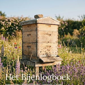 May include: A book cover titled Het Bijenlogboek by Thomas Ashfield, published by Brookmoor Press. The cover features a wooden beehive with bees flying around it, set in a field of purple and yellow wildflowers under a clear blue sky.