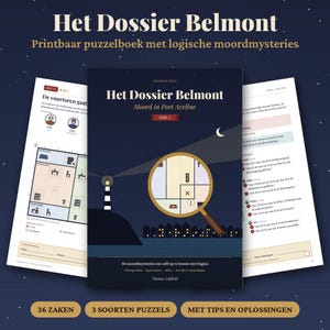 Op de afbeelding: Een boek getiteld Het Dossier Belmont met een donkerblauwe kaft met een vuurtoren, een vergrootglas over een plattegrond en de ondertitel Moord in Port Aveline. Het boek wordt getoond met twee opengeslagen pagina's met plattegronden en Nederlandse tekst.