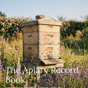 Pode incluir: Uma capa de livro intitulada The Apiary Record Book de Thomas Ashfield, publicada pela Brookmoor Press. A capa apresenta uma colmeia de madeira castanho-clara com uma pedra no topo, situada num campo de flores silvestres coloridas.