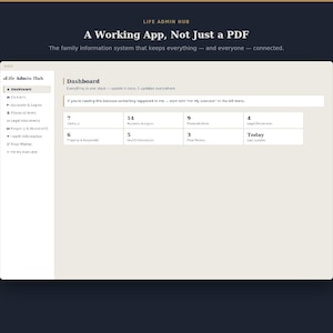 以下が含まれることがあります： Life Admin Hubというタイトルのデジタルダッシュボードインターフェースで、A Working App, Not Just a PDFというテキストが表示されています。画面にはサイドバーメニューと、連絡先、アカウント、財務項目、法的文書などのカテゴリが数値付きのグリッドで表示されています。