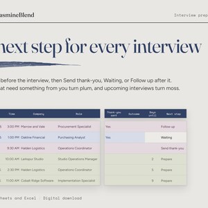 May include: A digital interview prep tracker template titled A next step for every interview by TheJasmineBlend. The layout features two tables with columns for date, time, company, role, thank-you sent, outcome, days until, and next step in plum and moss.