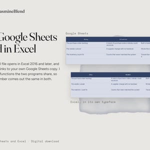 May include: A digital document titled TheJasmineBlend featuring text In Google Sheets and in Excel. It includes a description of file compatibility and two dark blue tables with light blue rows displaying data, plus the text Excel, in its own typeface.