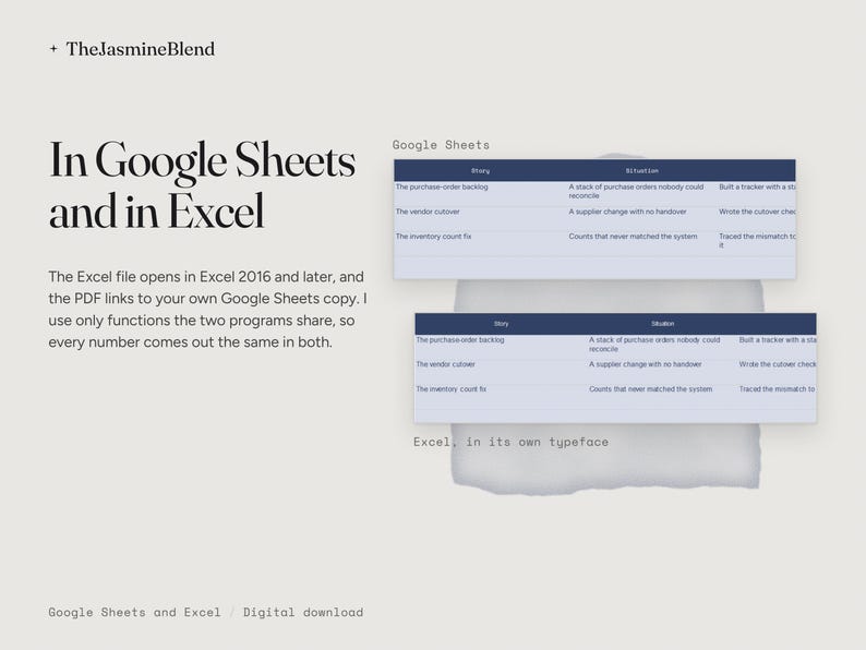 May include: A digital document titled TheJasmineBlend featuring text In Google Sheets and in Excel. It includes a description of file compatibility and two dark blue tables with light blue rows displaying data, plus the text Excel, in its own typeface.