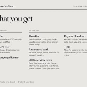 May include: An interview prep tracker digital document titled TheJasmineBlend. It lists contents including an Excel file, a start-here PDF, and a plain-language license. It details tab features like five tiles, a ten-story bank, and 200 interview rows.