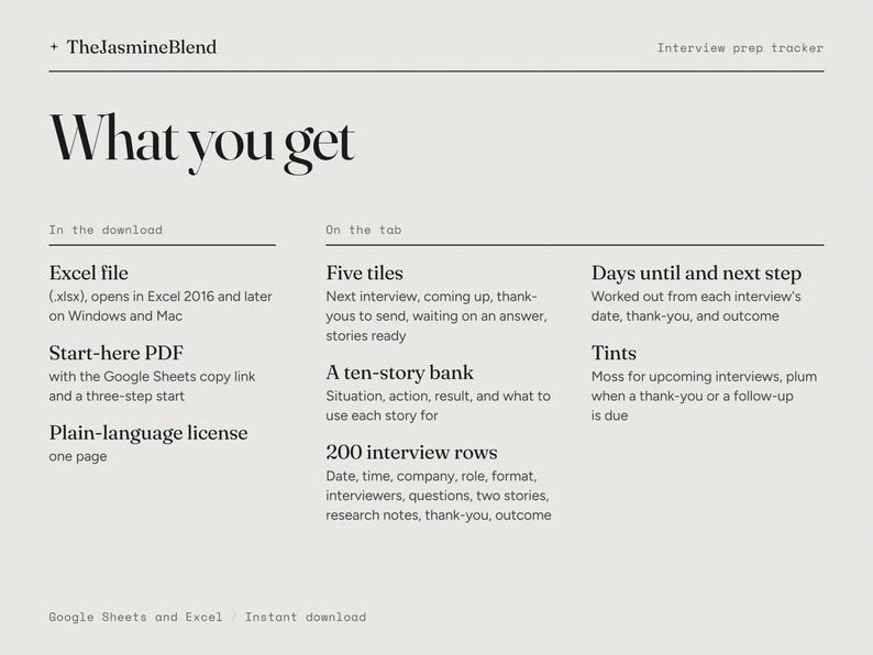 May include: An interview prep tracker digital document titled TheJasmineBlend. It lists contents including an Excel file, a start-here PDF, and a plain-language license. It details tab features like five tiles, a ten-story bank, and 200 interview rows.
