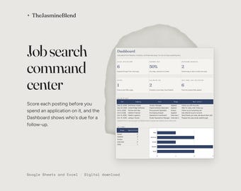 May include: A digital job search command center template for Google Sheets and Excel by TheJasmineBlend. The interface features a dashboard with application metrics, a follow-up task list, and a bar chart visualizing job application stages.
