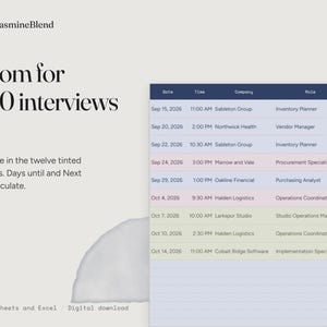 May include: A digital spreadsheet template for tracking 200 interviews, featuring a dark blue header row and twelve rows with alternating tinted backgrounds. Text includes 'Room for 200 interviews', 'TheJasmineBlend', and 'Google Sheets and Excel'.