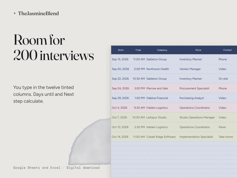 May include: A digital spreadsheet template for tracking 200 interviews, featuring a dark blue header row and twelve rows with alternating tinted backgrounds. Text includes 'Room for 200 interviews', 'TheJasmineBlend', and 'Google Sheets and Excel'.