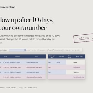 May include: A digital spreadsheet template for job interview tracking titled TheJasmineBlend. It features a Follow up after 10 days instruction, a Follow up stamp graphic, and a table with columns for Date, Time, Company, Role, Thank-you sent, Outcome, Days until, and Next step.