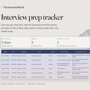 Spreadsheet voor interviewvoorbereiding, verhalenbank en vragen om te stellen, Google Sheets en Excel