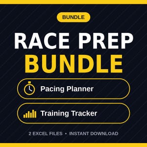 May include: A digital race prep bundle graphic on a dark background with yellow accents. The text reads BUNDLE, RACE PREP BUNDLE, Pacing Planner with a clock icon, Training Tracker with a bar graph icon, and 2 EXCEL FILES • INSTANT DOWNLOAD.