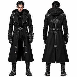 Black Gothic Hooded Trench Coat, Men's Long Darkwear Jacket, Alternative Cyberpunk