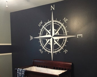 The Captain Compass Rose Wall or Ceiling Decal, medallion, world map art, home decor, nautical nursery sticker K514