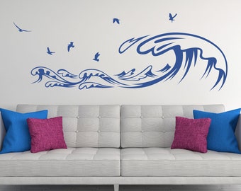Waves with Seagulls Wall Decal nautical modern beach house home decor removable wall art K787