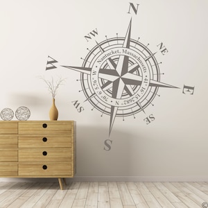 Customizable Charles Compass Rose Wall or Ceiling Decal, add your own coordinates, town, state or family name K771