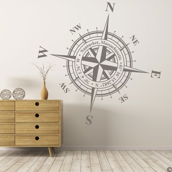 Customizable Charles Compass Rose Wall or Ceiling Decal, add your own coordinates, town, state or family name K771