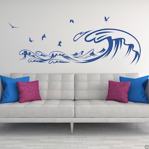 Waves with Seagulls Wall Decal nautical modern beach house home decor removable wall art K787