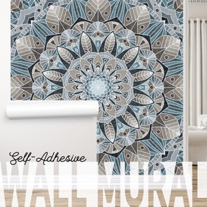 Neutral Blue Mandala Wall Mural, The Boonsri, printed with eco-friendly ink, removable and repositonable M005
