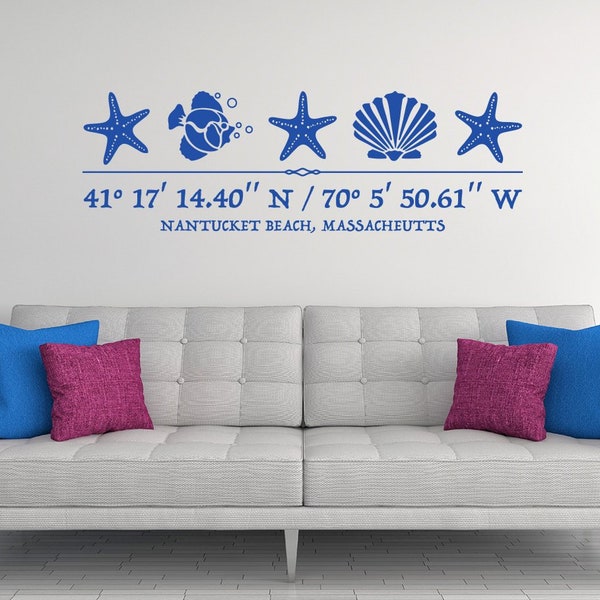 Sea Life Wall Decal with customizable GPS Coordinates and town name K685