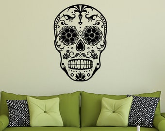 Sugar Skull with Mustache Vinyl Wall Decal, removable for apartment, college life and more K673