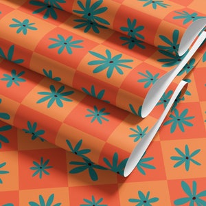 Peel-n-Stick Wallpaper, Retro Checkered Flower Geometric Pattern, printed with eco-friendly ink, self-adhesive and removable CM024