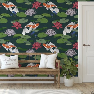 Peel-n-Stick Wallpaper, Koi Fish with Lily Pads and Flowers Pattern, printed with eco-friendly ink, self-adhesive and removable W007