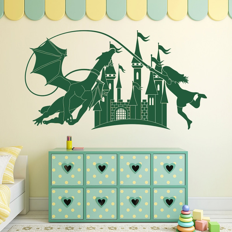 kid/'s room living room playroom more K636 Girl holding on to a flying Dragon over a Fairytale Castle Vinyl Wall Decal for nursery