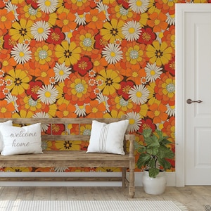 Retro 70s Floral Peel and Stick Wallpaper: Removable, Eco-Friendly Ink CM001