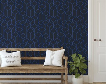 Geometric Cube Self-Adhesive Wallpaper: Deep Blue Tower Pattern W074
