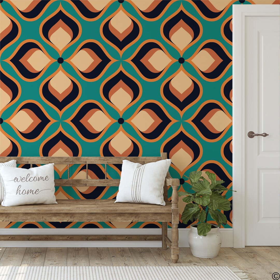 Peelnstick Wallpaper, Retro 70's Geometric Droplet Pattern, Printed