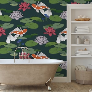 Peel-n-Stick, Koi Fish with Lily Pads Dark Green Self-Adhesive Wallpaper Pattern, printed with eco-friendly ink, removable W007