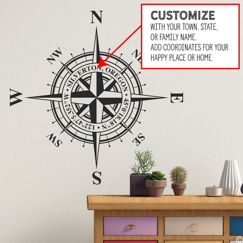 Vinilo decorativo personalizable de rosa de los vientos: añadir coordenadas K771 imagen 2