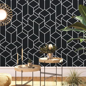 Contemporary Geometric Cube Tower Pattern Self-Adhesive Wallpaper - Black Background with Thin White Lines W073