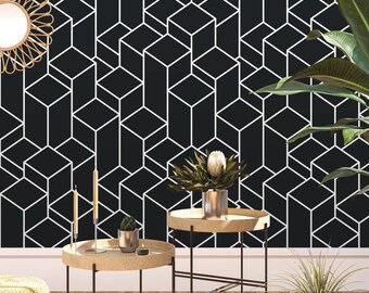Contemporary Geometric Cube Tower Pattern Self-Adhesive Wallpaper - Black Background with Thin White Lines W073