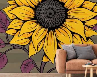 Yellow Sunflower with Purple Leaves Wall Mural, Self-Adhesive & Removable, printed w/ eco-friendly ink M014