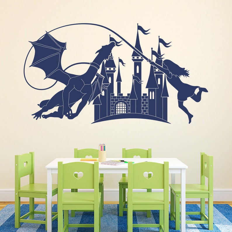 kid/'s room living room playroom more K636 Girl holding on to a flying Dragon over a Fairytale Castle Vinyl Wall Decal for nursery
