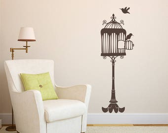 Opened Birdcage on Stand with Two Birds Vinyl Wall Decal for living room, nursery, kitchen, bedroom + more K676